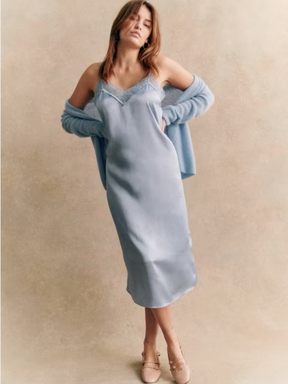 Sezane Nassima Lace-Trim Slip Dress in Light Blue NWT - Picture 2 of 9